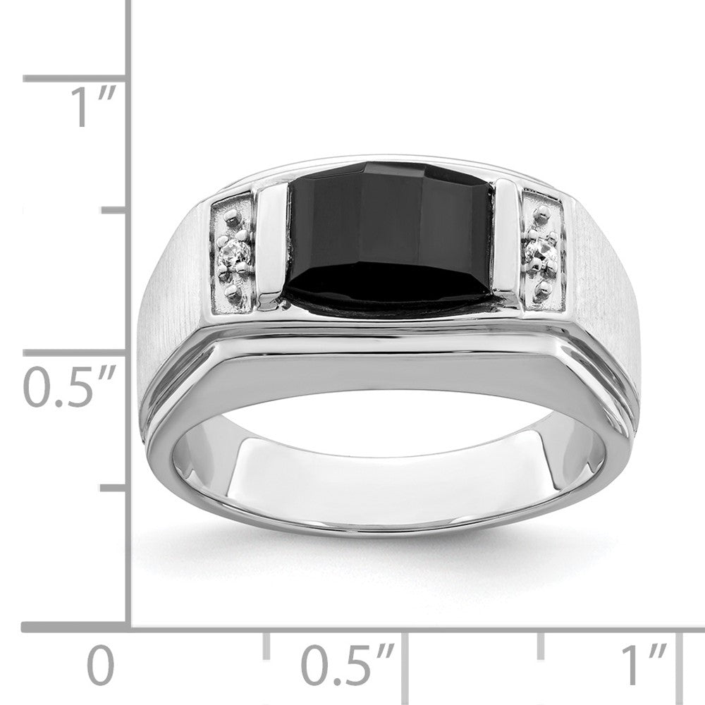 14k White Gold Polished and Satin 10.5x8.2mm Barrel Onyx and Diamond Mens Ring