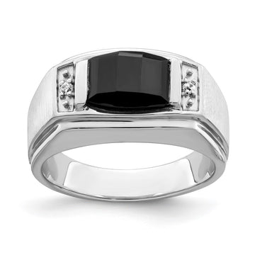 14k White Gold Polished and Satin 10.5x8.2mm Barrel Onyx and Diamond Mens Ring