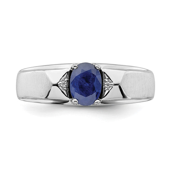 14k White Gold Polished and Satin 7x5mm Oval Sapphire and Diamond Mens Ring