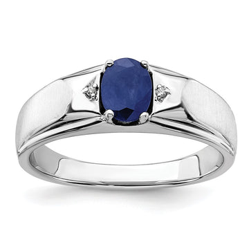 14k White Gold Polished and Satin 7x5mm Oval Sapphire and Diamond Mens Ring