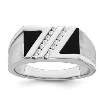 14k White Gold Polished and Satin Triangle Onyx and 1/6 carat Diamond Mens Ring