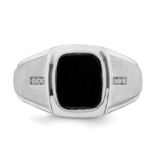 14k White Gold Polished and Satin Cushion Onyx 1/15 carat Diamond Mens Ring