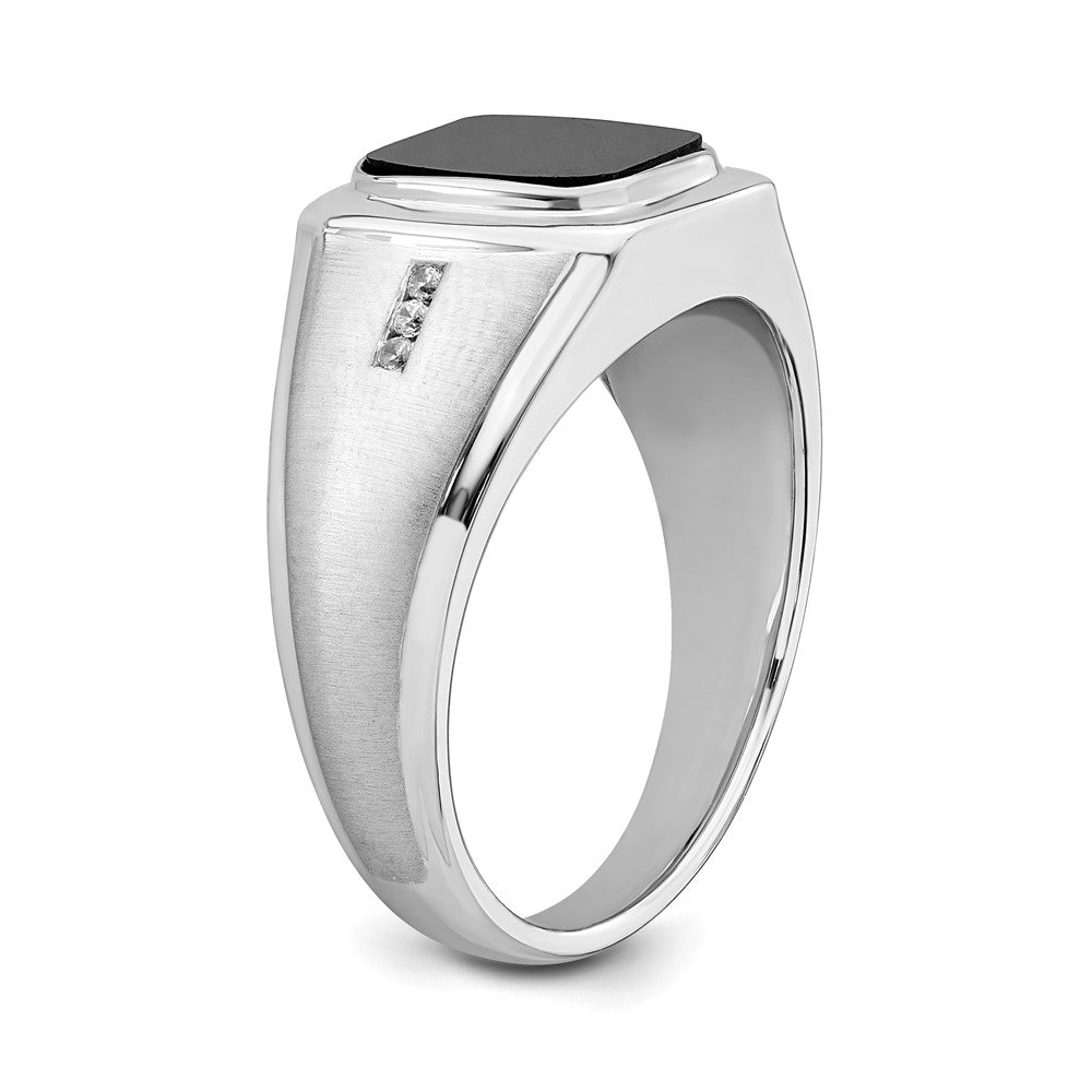14k White Gold Polished and Satin Cushion Onyx 1/15 carat Diamond Mens Ring