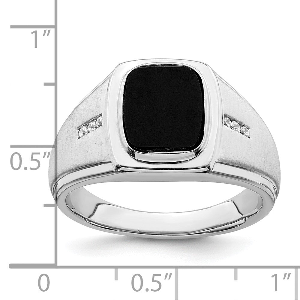 14k White Gold Polished and Satin Cushion Onyx 1/15 carat Diamond Mens Ring