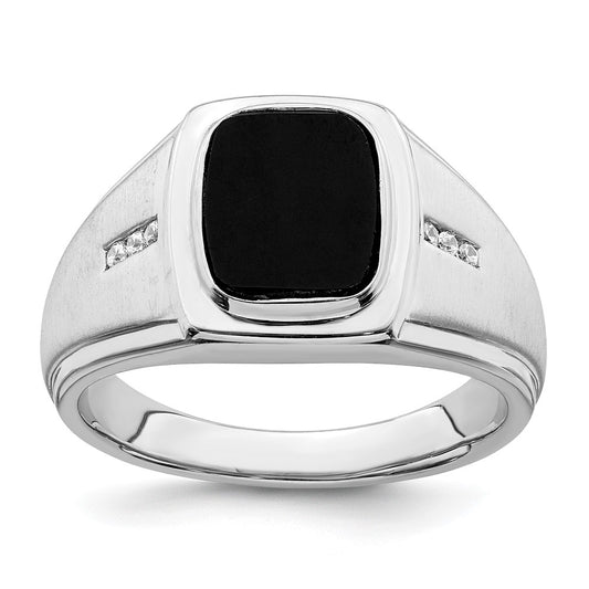 14k White Gold Polished and Satin Cushion Onyx 1/15 carat Diamond Mens Ring