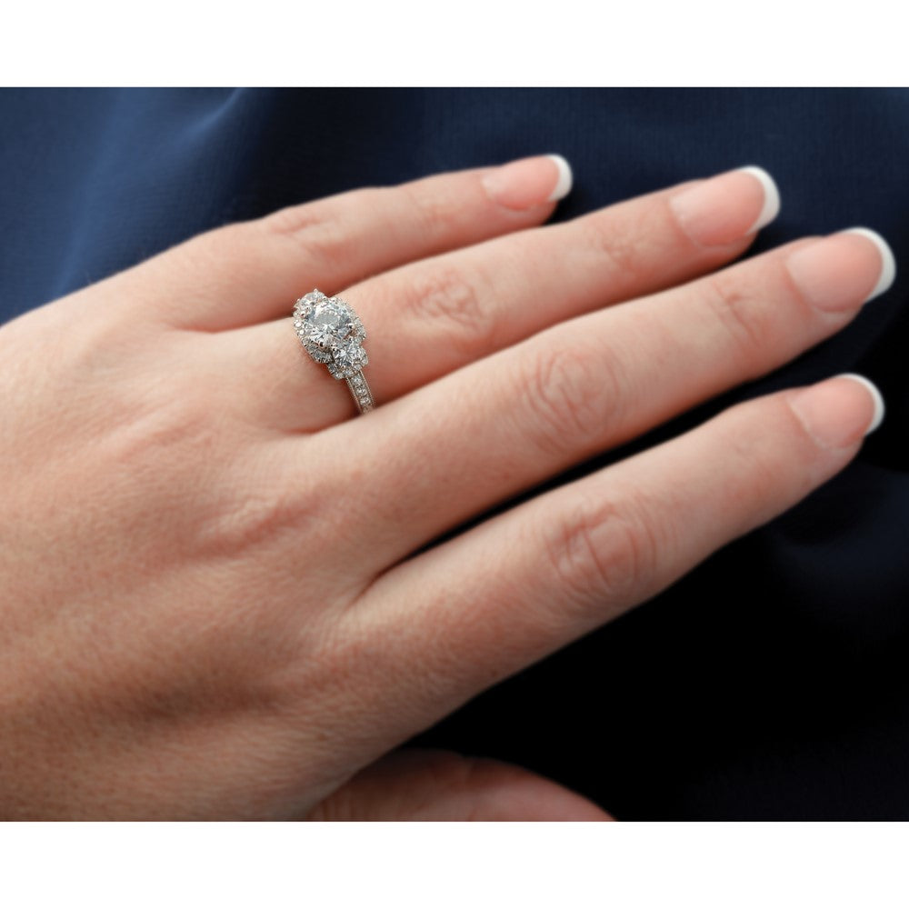 14K White 3-Stone Plus (Holds 1 carat (6.5mm) Round Center) Halo Semi-Mount Diamond Engagement Ring