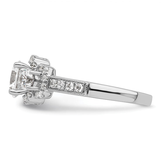 14K White 3-Stone Plus (Holds 1 carat (6.5mm) Round Center) Halo Semi-Mount Diamond Engagement Ring