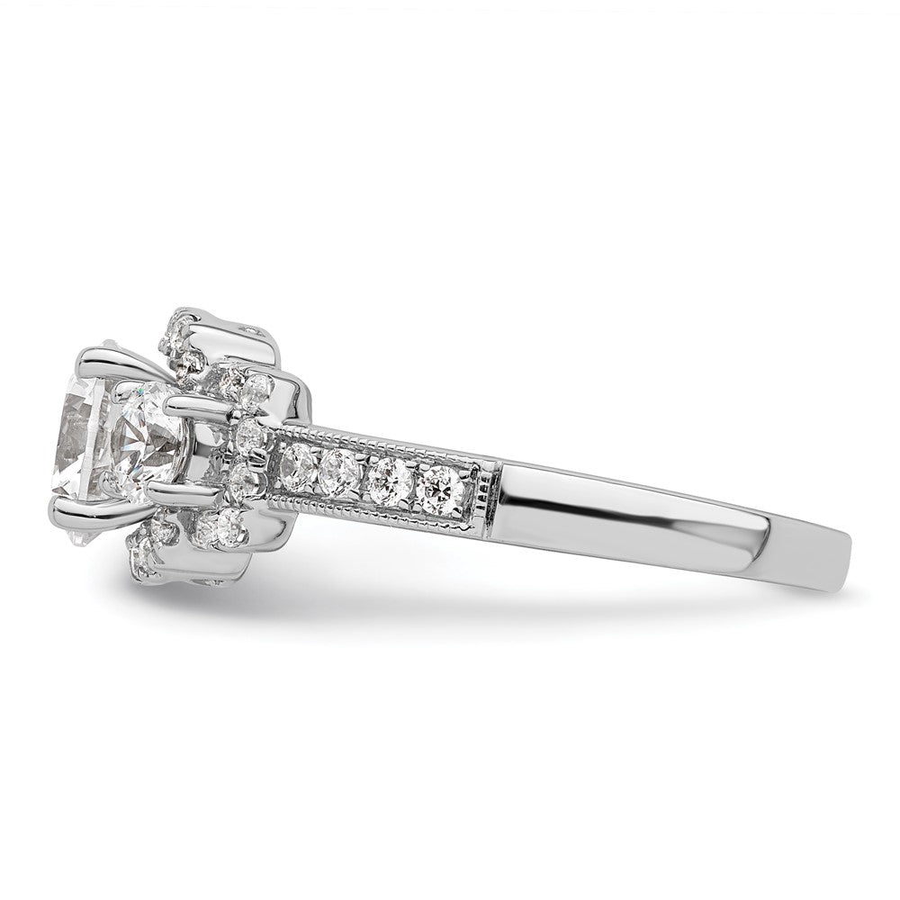 14K White 3-Stone Plus (Holds 1 carat (6.5mm) Round Center) Halo Semi-Mount Diamond Engagement Ring