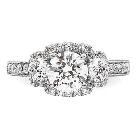 14K White 3-Stone Plus (Holds 1 carat (6.5mm) Round Center) Halo Semi-Mount Diamond Engagement Ring