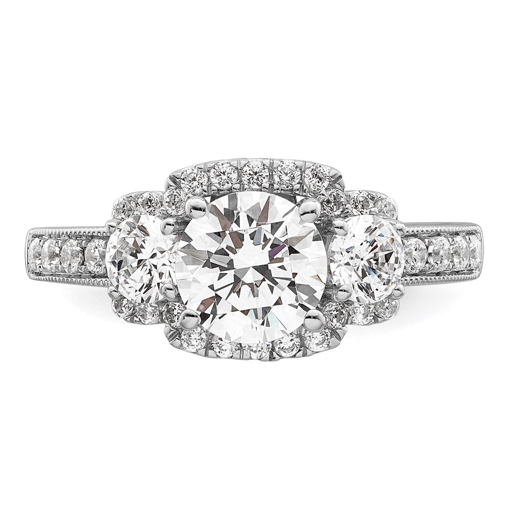 14K White 3-Stone Plus (Holds 1 carat (6.5mm) Round Center) Halo Semi-Mount Diamond Engagement Ring