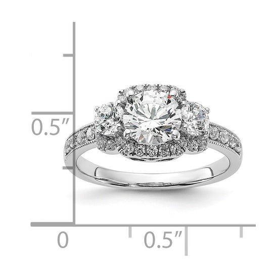 14K White 3-Stone Plus (Holds 1 carat (6.5mm) Round Center) Halo Semi-Mount Diamond Engagement Ring