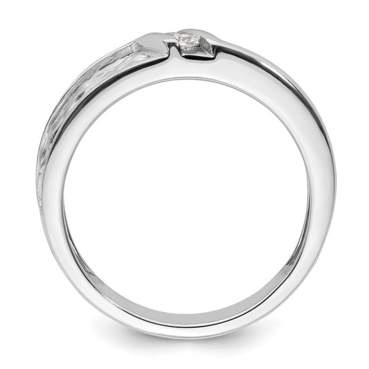 14k White Gold Polish & Satin Hammered Diamond Mens Wedding Band