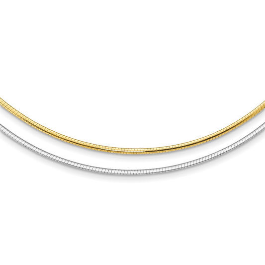 14k Two-tone 2mm Reversible White and Yellow 16 inch Omega Necklace Plus 2 inch Heart Chain Extender