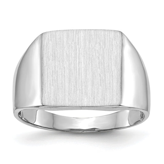 14k White Gold 13.0x13.5mm Open Back Satin Mens Signet Ring