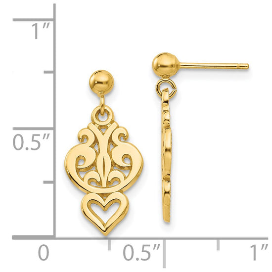 14k Polished Filigree Fancy Heart Dangle Post Earrings