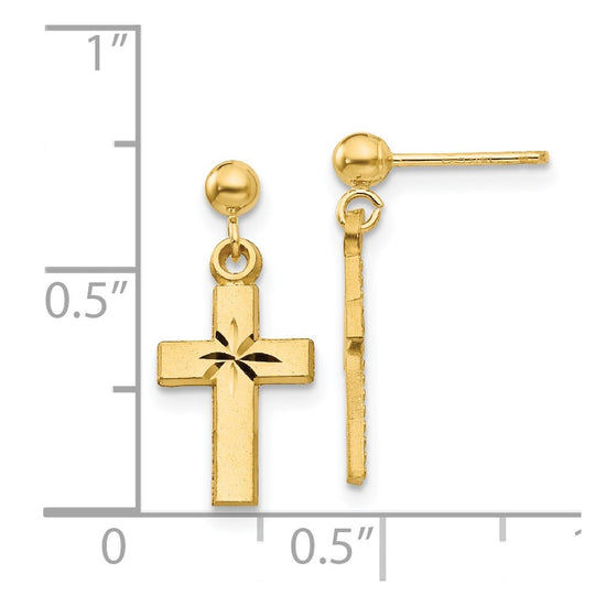 14k Satin and Diamond-Cut Cross Dangle Post Earrings