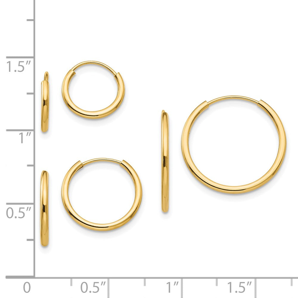 14k Madi K Polished 1mm x 10/13/17mm Endless Hoop 3 Pair Earring Set