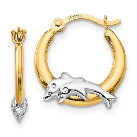 14K and White Rhodium Madi K Dolphin Childrens Hoop Earrings