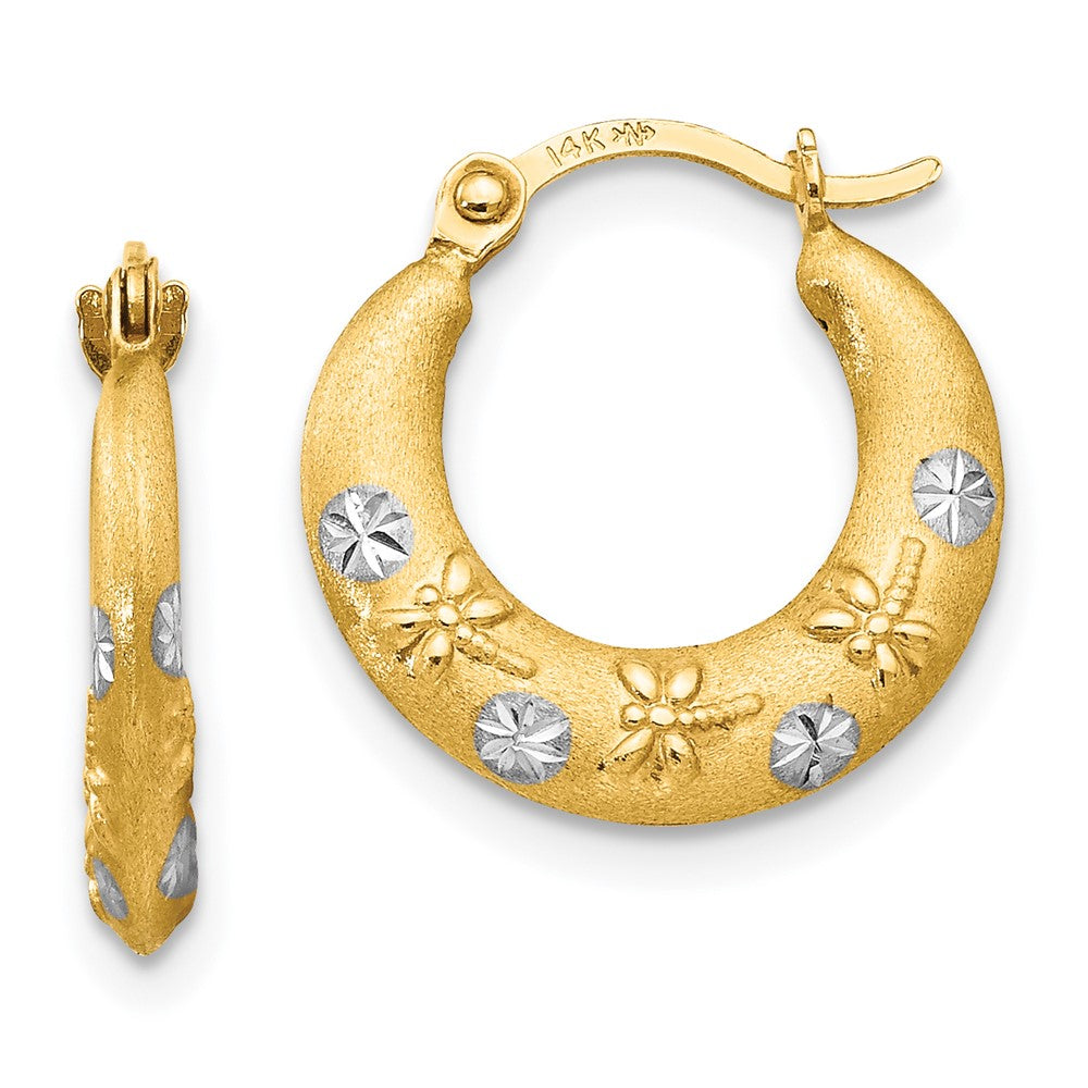 14K and White Rhodium Madi K 3x15mm Diamond-cut Hoop Earrings