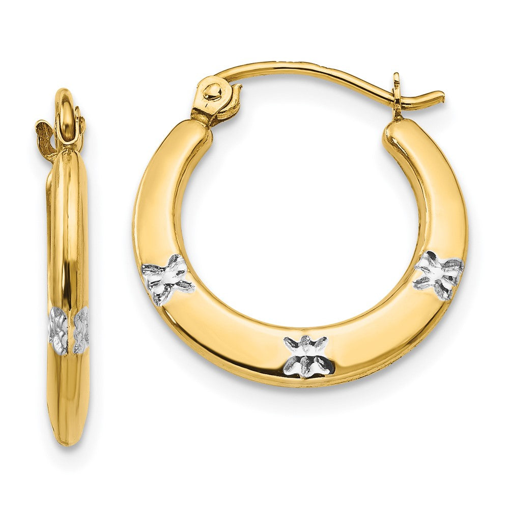 14K and White Rhodium Madi K 3x17mm Diamond-cut Flowers Hollow Hoop Earrings