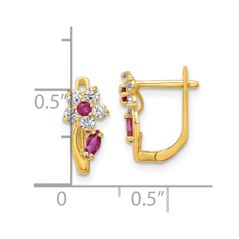 14k Madi K Red and Clear CZ Flower Childrens Hinged Earrings