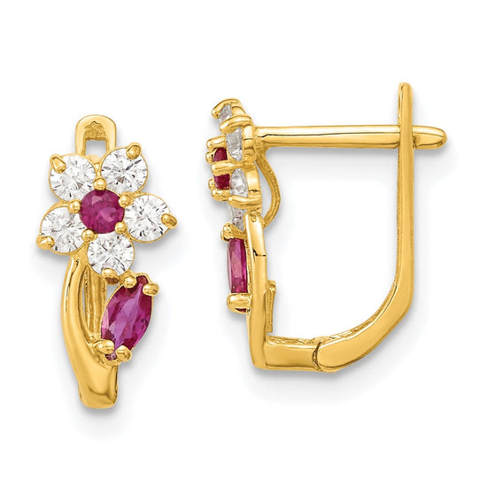 14k Madi K Red and Clear CZ Flower Childrens Hinged Earrings