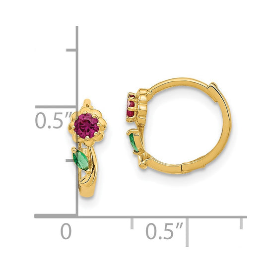 14k Madi K Red and Green CZ Childrens Hinged Hoop Earrings