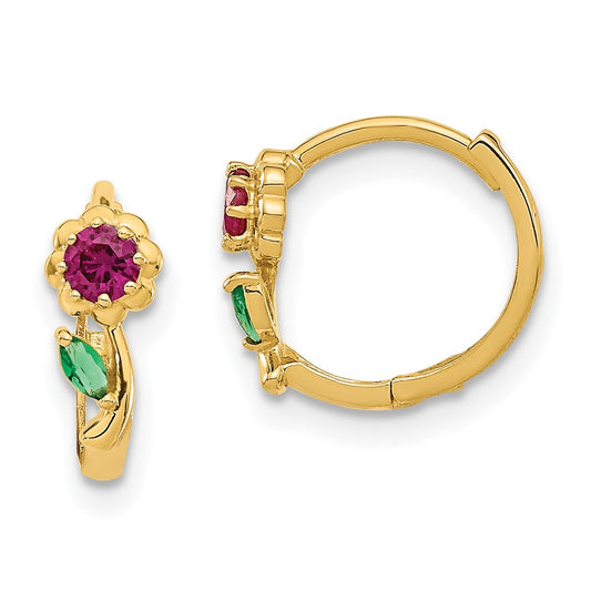 14k Madi K Red and Green CZ Childrens Hinged Hoop Earrings