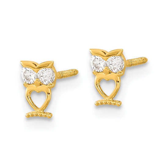 14k Madi K Owl with CZ Eyes Screwback Childrens Post Earrings