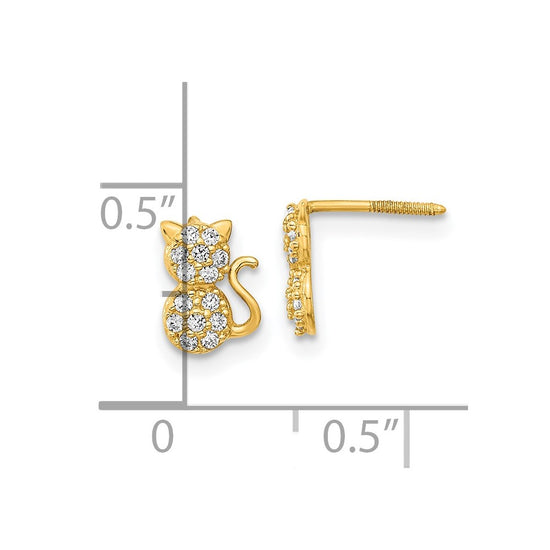 14k Madi K Polished CZ Sitting Cat Childrens Screwback Post Earrings