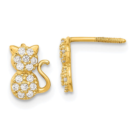 14k Madi K Polished CZ Sitting Cat Childrens Screwback Post Earrings