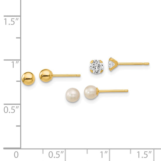 14k Madi K 4mm Ball / 4mm CZ / 3-4mm White Round Freshwater Cultured Pearl 3-Pair Post Earring Set