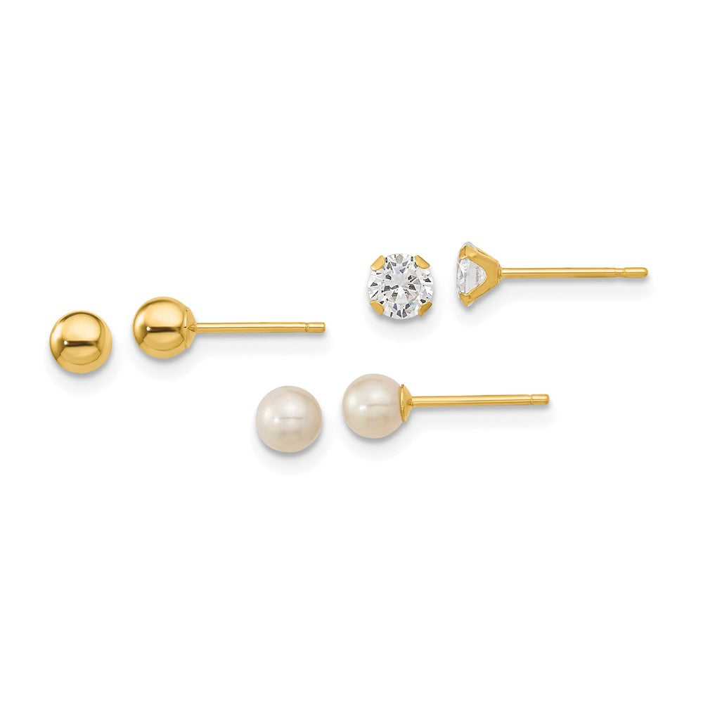 14k Madi K 4mm Ball / 4mm CZ / 3-4mm White Round Freshwater Cultured Pearl 3-Pair Post Earring Set