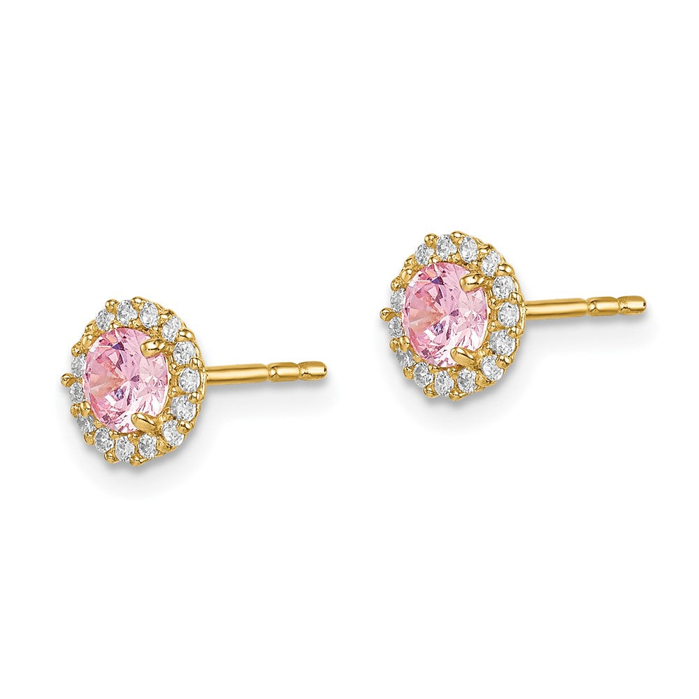 14k Madi K 4mm Round Pink and Clear CZ Halo Post Earrings