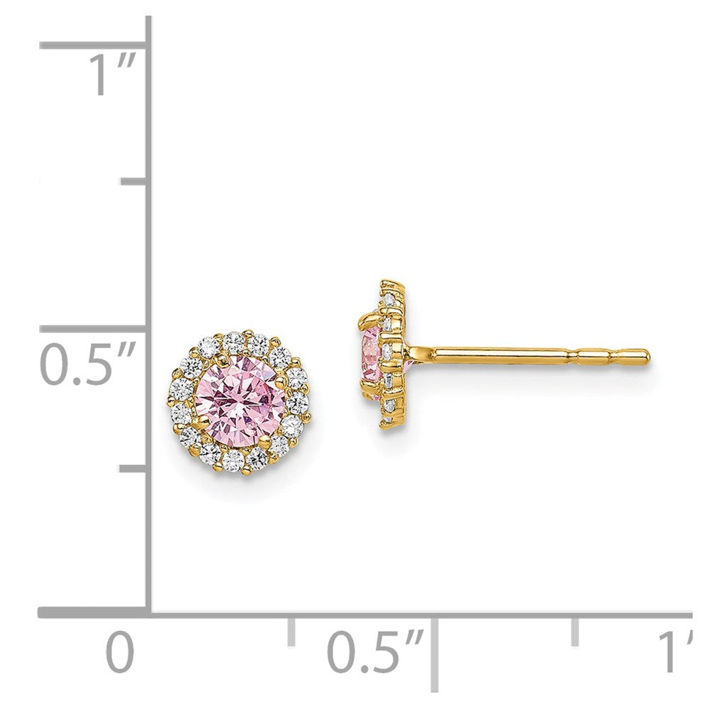 14k Madi K 4mm Round Pink and Clear CZ Halo Post Earrings