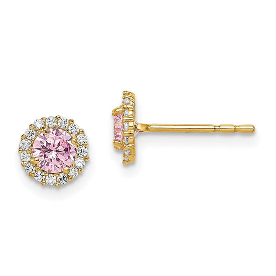 14k Madi K 4mm Round Pink and Clear CZ Halo Post Earrings
