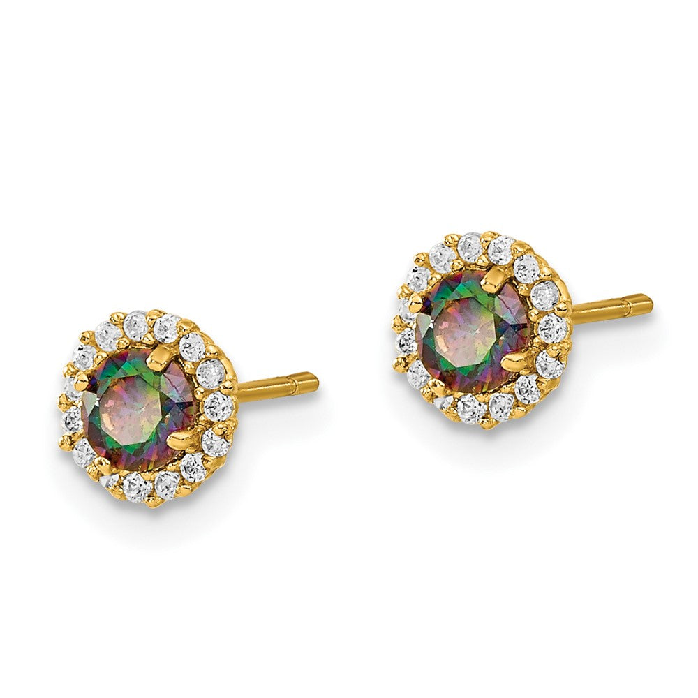 14k Madi K 4mm Round Mystic and Clear CZ Halo Post Earrings