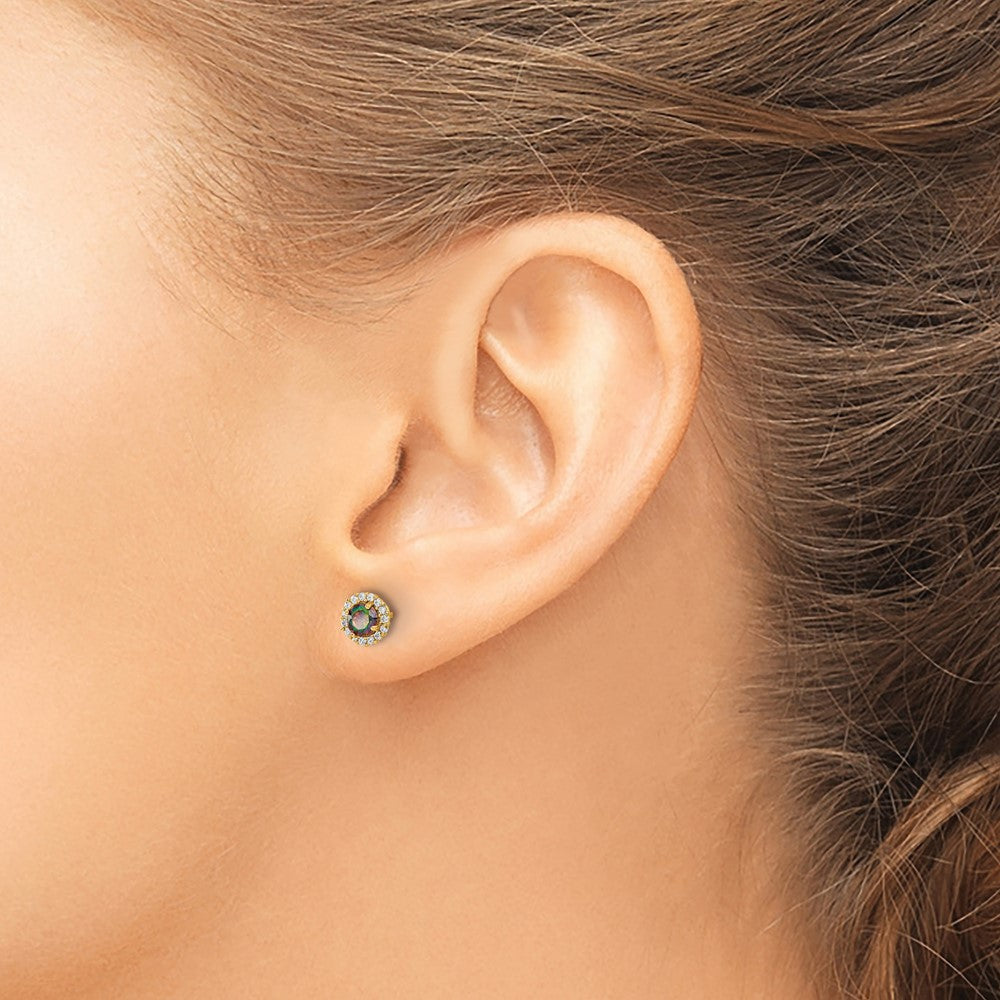 14k Madi K 4mm Round Mystic and Clear CZ Halo Post Earrings