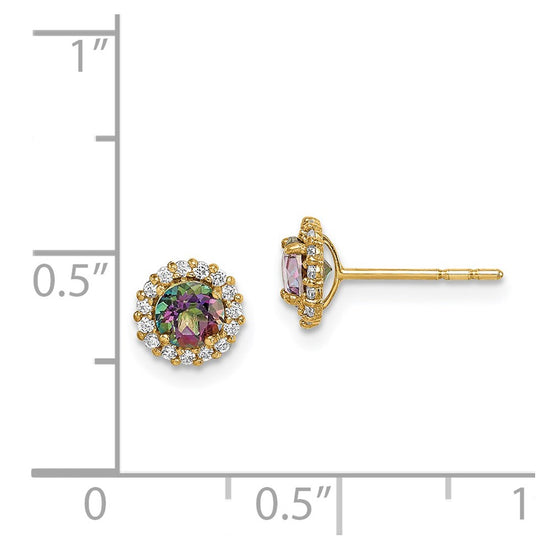 14k Madi K 4mm Round Mystic and Clear CZ Halo Post Earrings