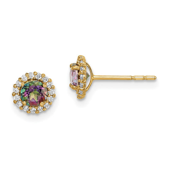 14k Madi K 4mm Round Mystic and Clear CZ Halo Post Earrings