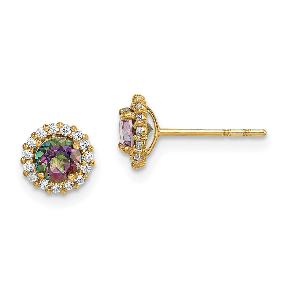 14k Madi K 4mm Round Mystic and Clear CZ Halo Post Earrings