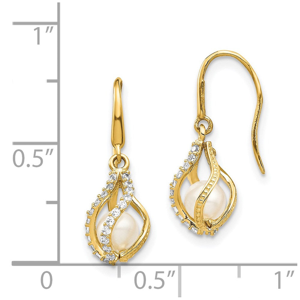 14k 4-5mm White Round Freshwater Cultured Pearl and CZ Cage Shepherd Hook Dangle Earrings
