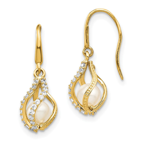 14k 4-5mm White Round Freshwater Cultured Pearl and CZ Cage Shepherd Hook Dangle Earrings