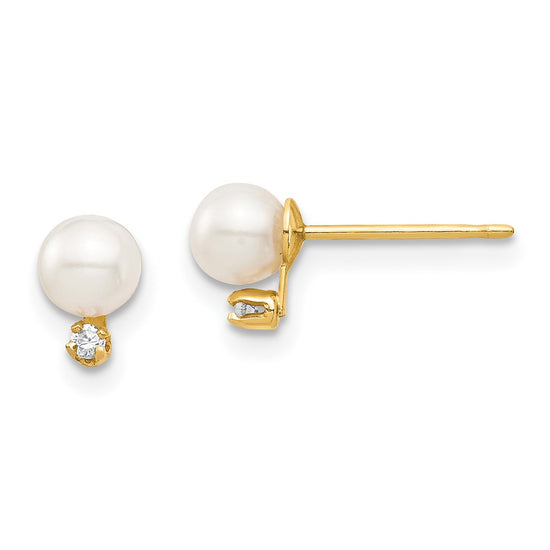 14k Madi K 4-5mm White Round Freshwater Cultured Pearl and CZ Post Earrings with Silicone Backs