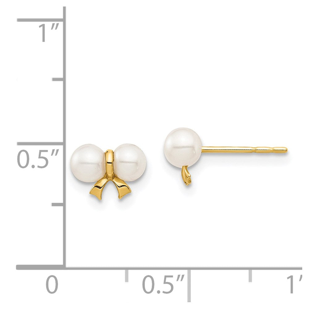 14k Madi K 3-4mm White Round Freshwater Cultured Pearl Bow Post Earrings with Silicone Backs
