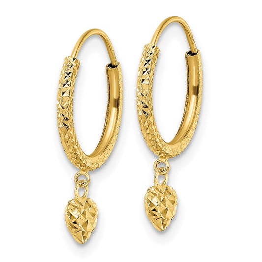 14K Madi K Diamond-cut Heart Hoop Childrens Earrings