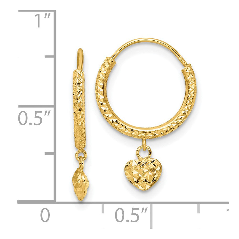 14K Madi K Diamond-cut Heart Hoop Childrens Earrings