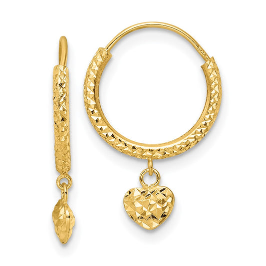 14K Madi K Diamond-cut Heart Hoop Childrens Earrings