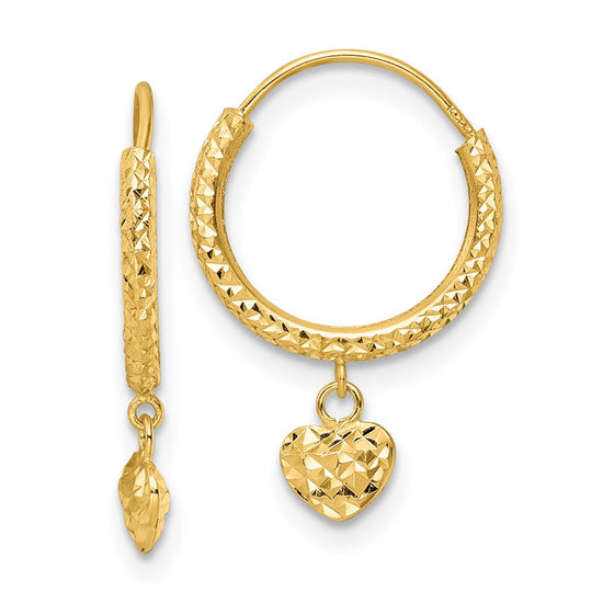 14K Madi K Diamond-cut Heart Hoop Childrens Earrings