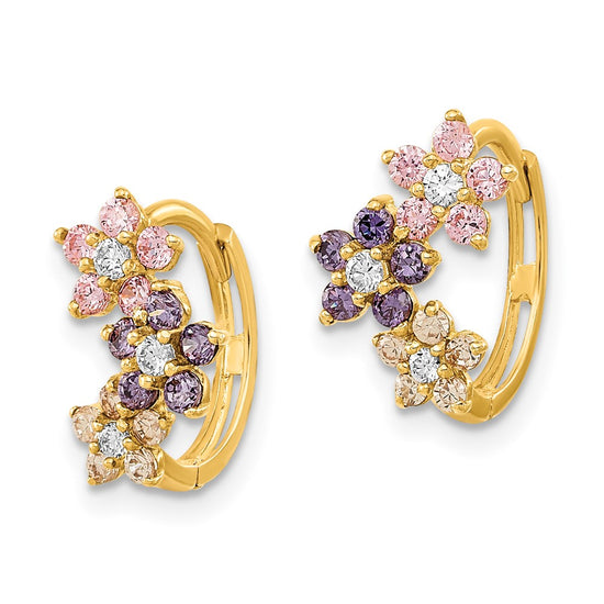 14K Madi K Flower Multicolor CZ Childrens Hinged Hoop Earrings